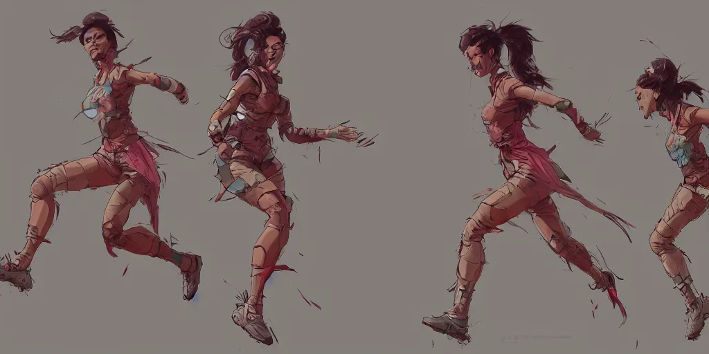 Image similar to cartoonish female character running, vivid colors, character sheet, fine details, concept design, contrast, kim jung gi, greg rutkowski, trending on artstation, 8 k, full body, turnaround, front view, back view, ultra wide angle