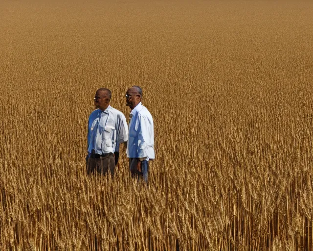 Prompt: extreme long shot of walter white and gustavo fring standing facing each other from a distance in a wheat field, low angle, side view, 8 5 mm photograph, 8 k resolution, wide shot, sharp lens, high detail, cinematic