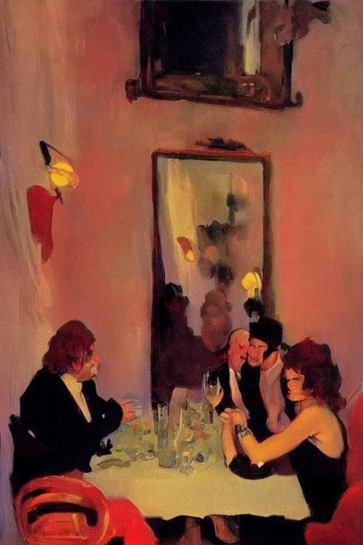 Prompt: glam rockers drinking wine, inside a tiny green room with red lights by joaquin sorolla, bill sienckiwicz, extremely detailed