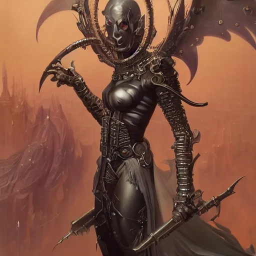 Image similar to beautiful evil fantasy character portrait, ultra realistic, cyborg, wide angle, intricate details, ninja artifacts, highly detailed by peter mohrbacher, hajime sorayama, wayne barlowe, boris vallejo, aaron horkey, gaston bussiere, craig mullins