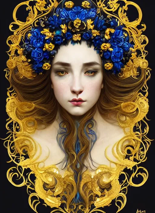 Image similar to beautiful black blue yellow, complicated gold and blue flowers in baroque style headwears, dark fantasy, intricate, elegant, highly detailed, digital painting, artstation, concept art, matte, 3 d 8 k octane rendered, sharp focus, illustration, octane rendered, art by artgerm and alphonse mucha, leesha hannigan