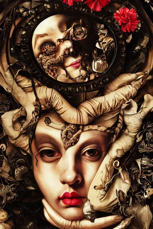 Image similar to Detailed maximalist portrait with large lips and with large, wide eyes, sad expression, HD mixed media, 3D collage, highly detailed and intricate, surreal, bone extra hands, illustration in the style of Caravaggio, dark art, baroque