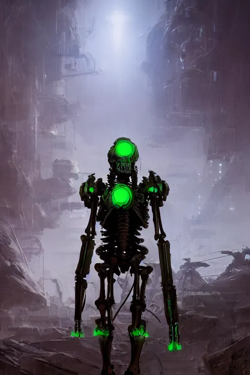 Prompt: medium shot of a singular mechanical skeleton warrior, green glowing eyes reflecting on the metallic armor. Huge plasma rifle. At night, underexposed, desolated wasteland, matte painting by Craig mullins and Emmanuel_Shiu, cinematic, dark sci-fi, concept art trending on artstation, 4k, insane details, ultra realistic