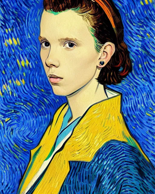 Image similar to portrait of millie bobby brown by vincent van gogh, digital art