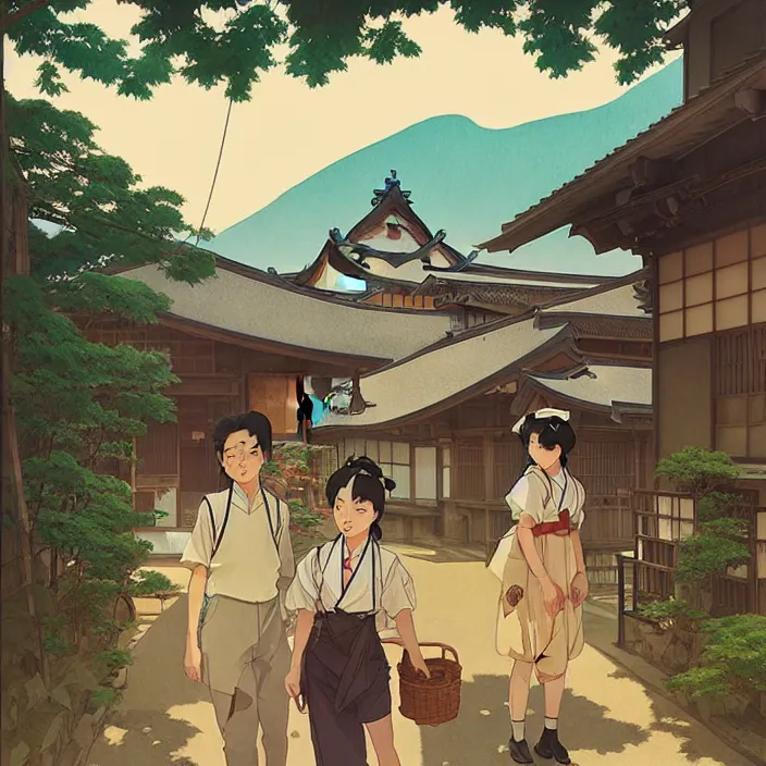 Image similar to japanese rural town, summer, in the style of studio ghibli, j. c. leyendecker, greg rutkowski, artem