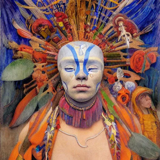 Prompt: masterpiece painting of a modern shaman, by annie swynnerton and jean delville and edward hopper and diego rivera and evelyn de morgan, facemask made of flowers, art brut, outsider art, symbolist, dramatic lighting, god rays, elaborate geometric ornament, clean crisp graphics, smooth sharp focus, extremely detailed, adolf wolfli