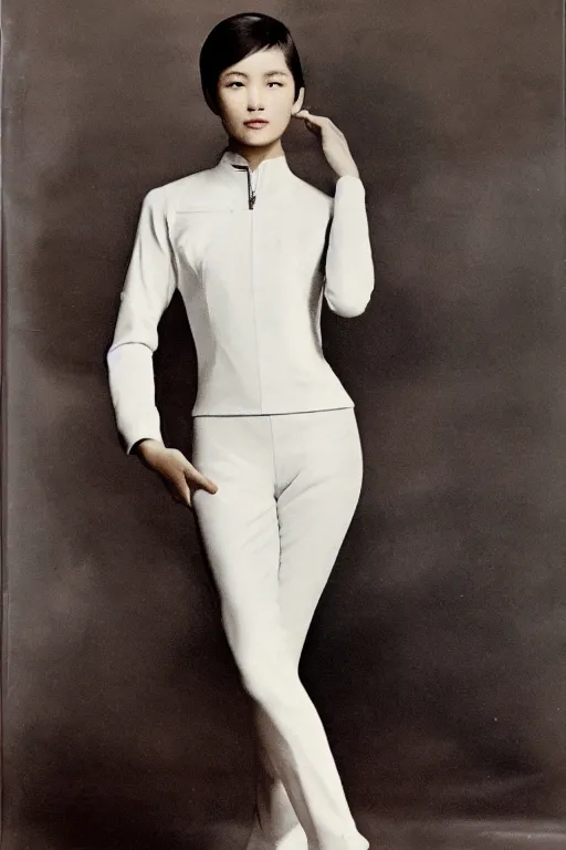 Image similar to youthful asian demure, exquisite features, feminine cut, 1 9 7 0's frontiers in flight leather suit