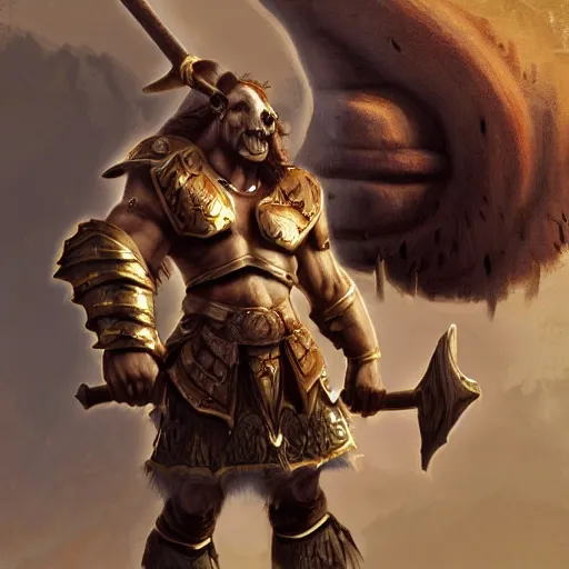 Prompt: Giant minotaur humanoid warrior with axe, tauren, concept art, paladin golden armor, hyperrealism, high details, digital painting, dark fantasy, guildwar artwork