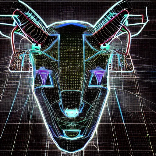 Image similar to cybernetic evil goat head merged with complex circuitry and machinery