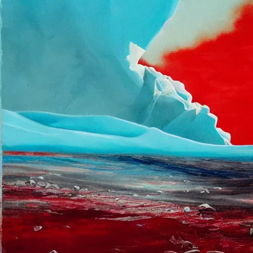 Image similar to horrific painting of an ice floe meeting magma!!!!!! in the middle, in the style of vintage photography, textured, skewed perspective, last photo ever taken, apocalyptic event, red color palette on left side and blue color palette on right side, cursed and sinister tone