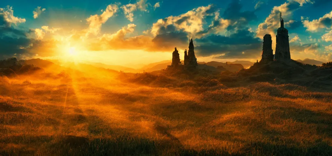 Prompt: a beautiful fantasy landscape at sunset, lines of single file love hearts dancing towards a central tower, nikon d 8 5 0, golden hour, god rays, cinematic lighting, digital matte, 4 k