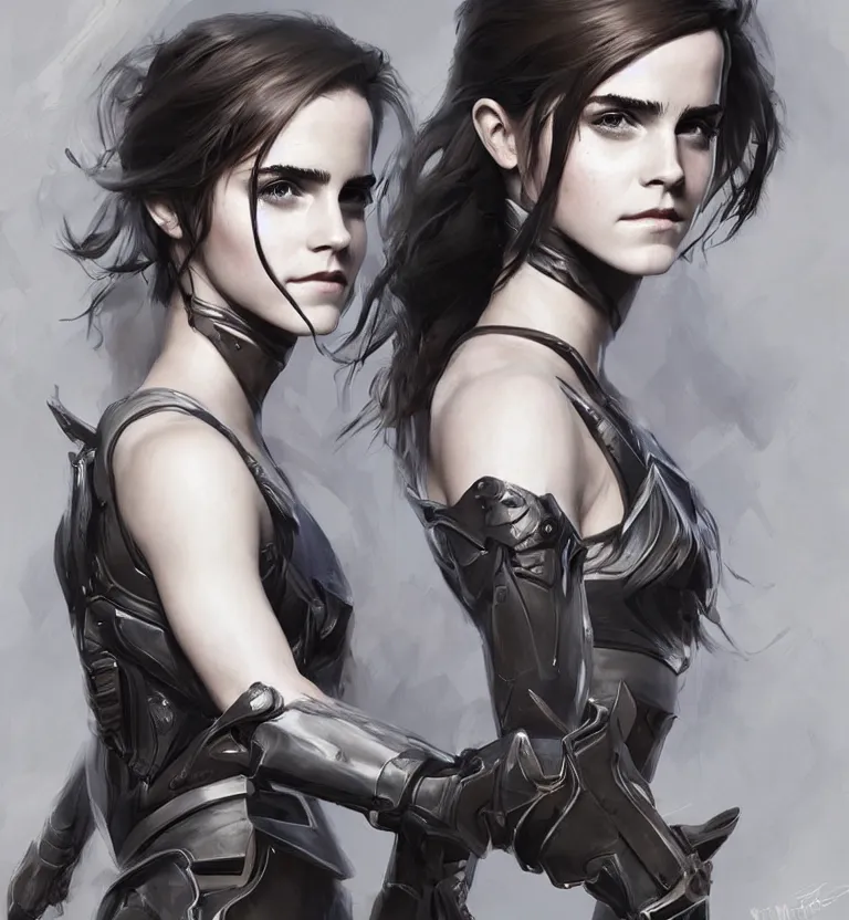 Prompt: fully body fashion model fantasy emma watson wearing military armor long dark hair beautiful bone structure symmetrical facial features intricate elegant digital painting concept art smooth sharp focus illustration from Metal Gear by Ruan Jia and Mandy Jurgens by Artgerm by William-Adolphe Bouguerea