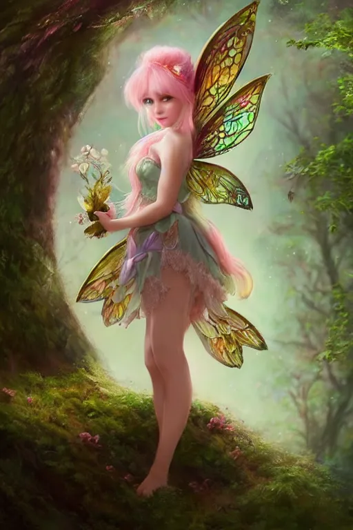 Image similar to a cute fairy in the dreamy forest, fantasy, 8 k resolution, hyper detailed, d & d, character design, digital painting, trending on artstation, sharp focus, illustration, art by artgerm, steve zheng, fuji choko, viktoria gavrilenko, hoang lap