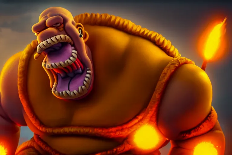 Image similar to a very detailed art of homer simpson mixed with garrosh hellscream from warcraft trending on artstation, digital art, 4 k, hyper realistic, octane render, sharp focus