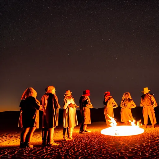 Prompt: photograph of seven ravers, two men, one woman, woman is in a trenchcoat, blessing the earth, seen from behind, talking around a fire, dancefloor kismet, diverse costumes, clean composition, desert transition area, bonfire, starry night, australian desert, xf iq 4, symmetry, sony a 7 r, 1 5 0 mp, 5 0 mm