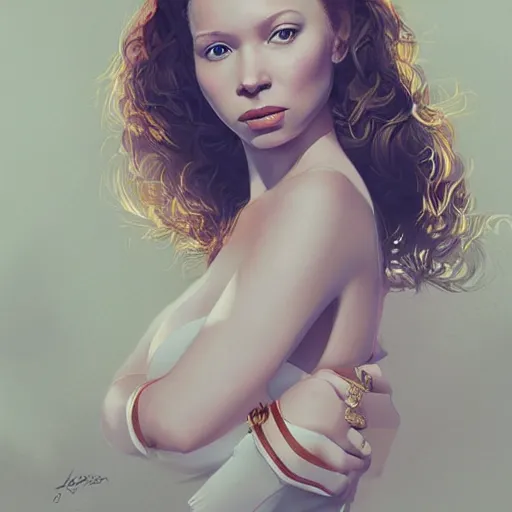 Prompt: a beautiful scenic painting of a beautiful young woman that looks like rebecca ferguson by artgerm and wlop and wes anderson and spike jonze