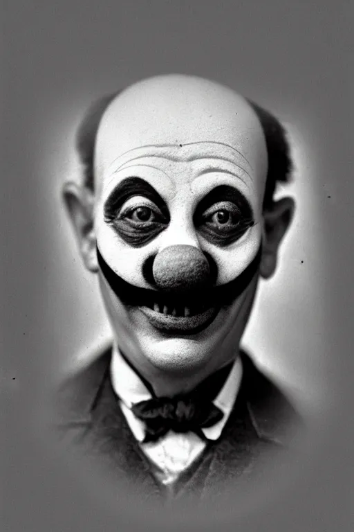 Image similar to old realistic photo of face of a clown, photograph, early 1 9 0 0's, black and whitehighly detailed, matte, sharp focus, smooth, sharp focus, illustration