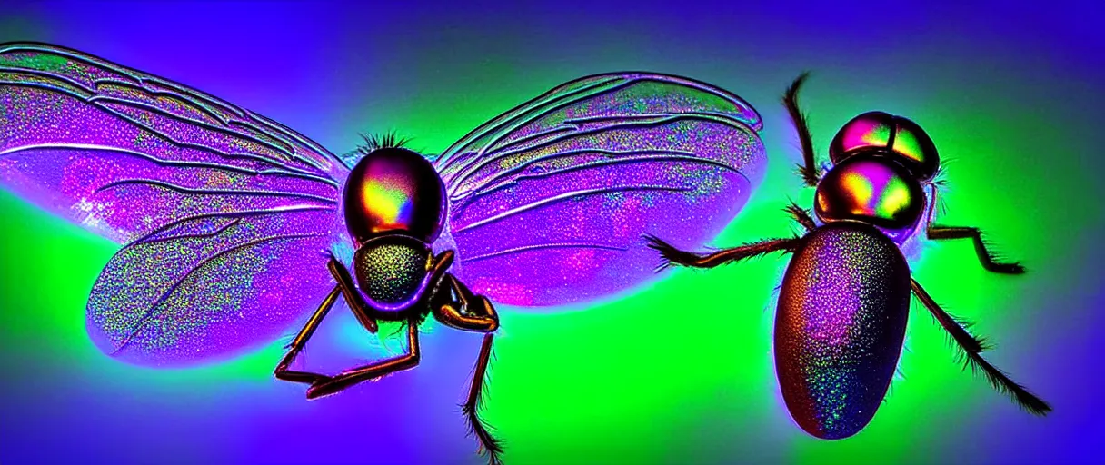 Image similar to high quality photo glowy iridescent giant fly! jeweled very beautiful! highly detailed digital art david ligare elson peter cinematic purple neon lighting high quality low angle hd 8k sharp shallow depth of field