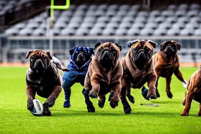 Prompt: A pack of bullmastiffs playing rugby in a stadium. Dogs, canines. Sports photo.