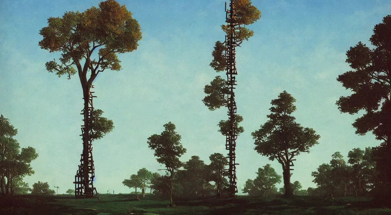 Image similar to single flooded simple wooden tree tower!, very coherent and colorful high contrast!! masterpiece by rene magritte simon stalenhag carl spitzweg syd mead norman rockwell edward hopper james gilleard, minimalist, dark shadows, sunny day, hard lighting