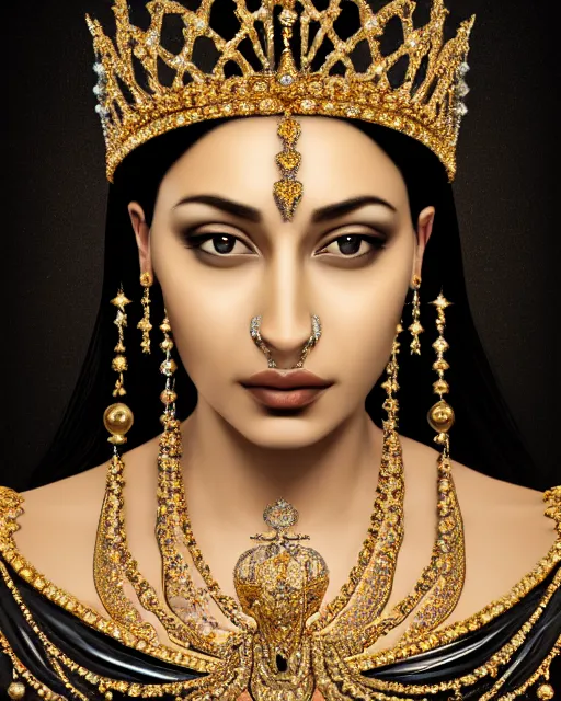 Image similar to realistic portrait of a queen, dark, gold and silver ornaments, facing camera, photo realistic, detailed, 1 4 5 0, delicate, hyper realism, ultra realistic, matte painting, 8 k