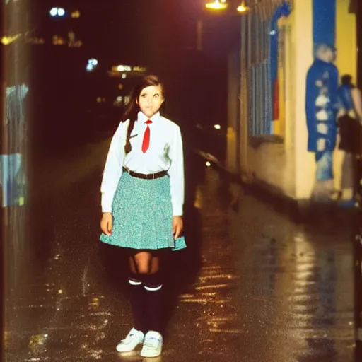 Image similar to night flash portrait photography of a high school girl in catholic school uniform on the lower east side by annie leibovitz, colorful, nighttime!, raining!