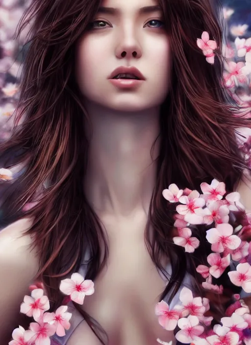 Image similar to photo of a gorgeous female with messy hair in the style of stefan kostic, realistic, body shot, sharp focus, 8 k high definition, insanely detailed, intricate, elegant, art by stanley lau and artgerm, cherry blossoms