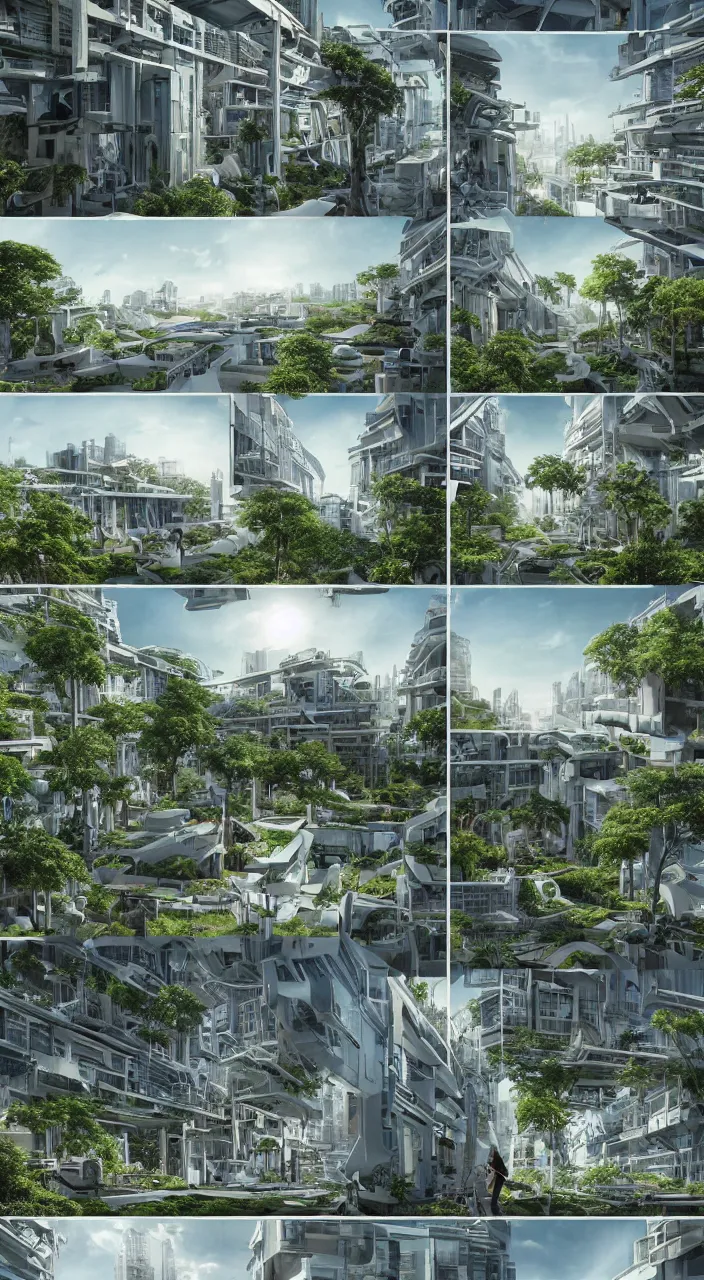 Image similar to 3 - panel comic page layout. two people talking about sustainable futuristic building in a urban setting. ultrarealistic matte painting on white page. the building has many deep and tall balconies covered in plants and trees. thin random columns, large windows, deep overhangs. greeble articulated details with plants. 8 k, uhd.