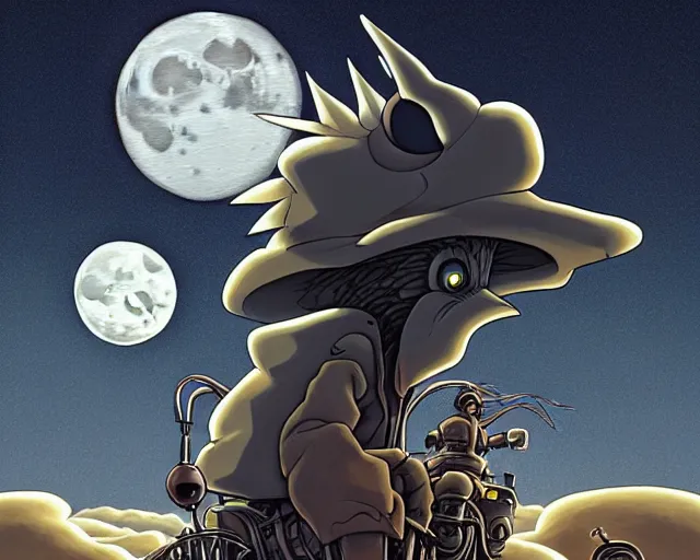 Prompt: a cell shaded grey lovecraftian mechanized wolf from howl's moving castle ( 2 0 0 4 ), with a big head, on a desert road, wide shot, in front of a big moon, muted colors, post grunge, josan gonzales, wlop, by james jean, victor ngai, hq, deviantart, art by artgem