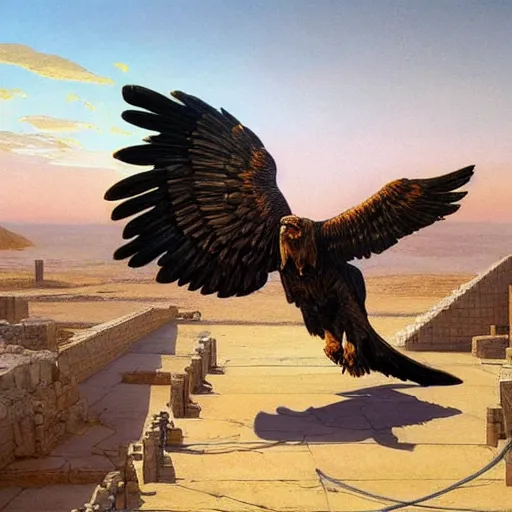 Prompt: a realistic oil painting of a winged lion's body with the head of an eagle and a beak, spreading its wings in an ancient egyptian temple, at purple sunset, highly detailed, trending on artstation, by james gurney and michael whelan and krenz cushart and alphonse mucha