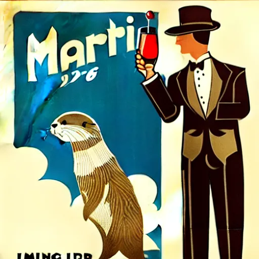 Image similar to a man holding a martini with an otter swimming in it while the otter gives a thumbs up in a 1 9 2 0 s advertisement poster