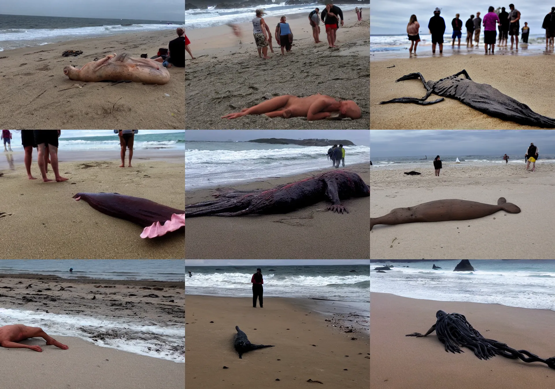 Prompt: an eerie creature washed up on the beach. people are looking on anxiously.