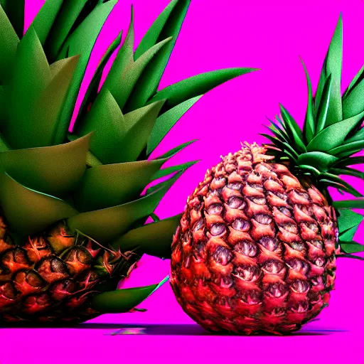 Image similar to 3 d render of a hovering pink pineapple against a pink backdrop with slight sadow underneath ophotorealistic, 4 k, cgsociety, blender, unreal engine 5, sharp details, 3 0 0 dpi