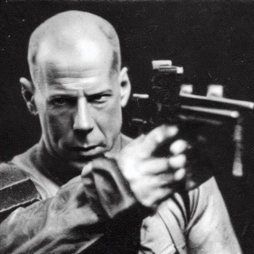 Image similar to old black and white photo, 1 9 1 3, depicting bruce willis in combat armor with guns, historical record, volumetric fog