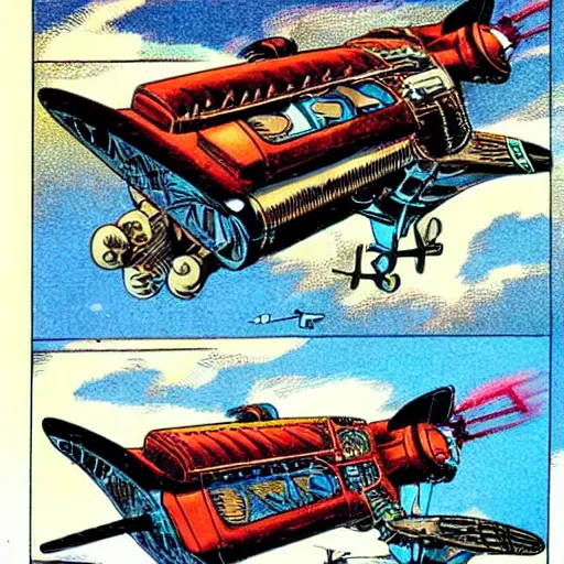 Prompt: steampunk flying air-ship conceot art, design art by Dave Gibbons, Jack Kirby, Will Eisner