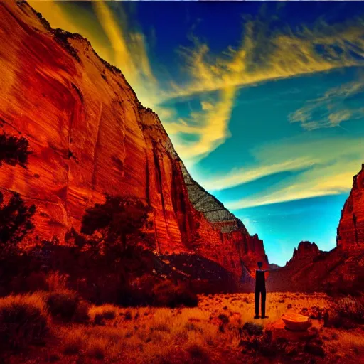 Image similar to highly detailed concept art of award winning cinematic still of man praying with hands up in zion national park, rock formations, colorful sunset, epic, cinematic lighting, dramatic angle, heartwarming drama directed by Steven Spielberg, t, wallpaper