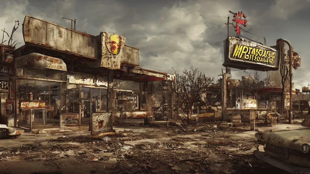 Prompt: post apocalyptic McDonald's, fallout, wasteland, octane render, 4k