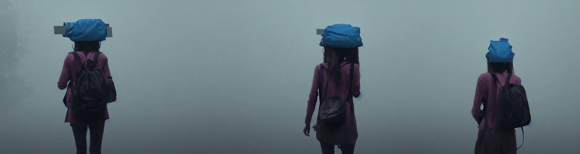 Image similar to girl with a backpack on her head walks in heavy rain, a shot from the movie, beeple - style cinematic