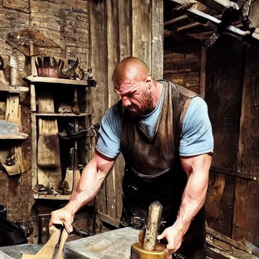 Prompt: triple h as blacksmith, medieval scene, creating his hammer!!!