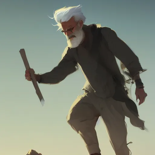 Image similar to a young man with gray hair,a stylish beard,walking through a desert with a glowing stick,digital art,art by greg rutkowski,trevor henderson,rossdraws,character design,concept art,western comic style,sharp lines,photorealiatic,hyperdetailed,detailed face,high quality,professional lighting,deviantart,artstation,professional art