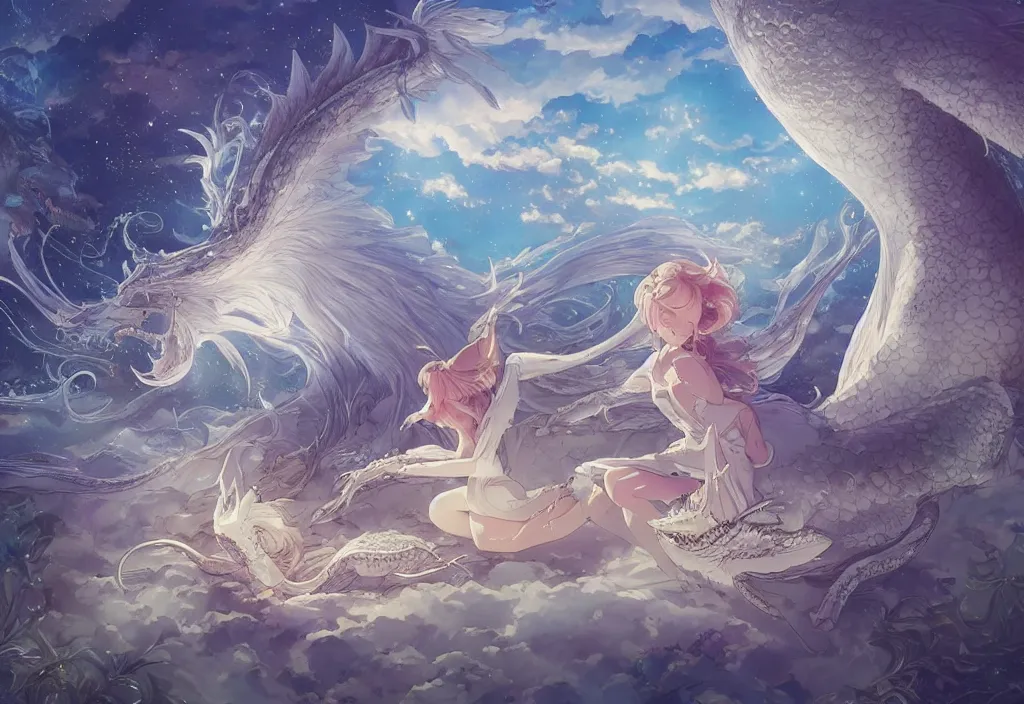 Prompt: the beautiful hyper detailed scene render that a lonely single beautiful girl lies in the arms of a huge silver dragon alone in the fairyland surrounded by white clouds, in the style of makoto shinkai victo ngai and peter mohrbacher studio ghibli artgerm karol bak beeple, animation style, 8 k hd, dream, ultra wide angle, animation style