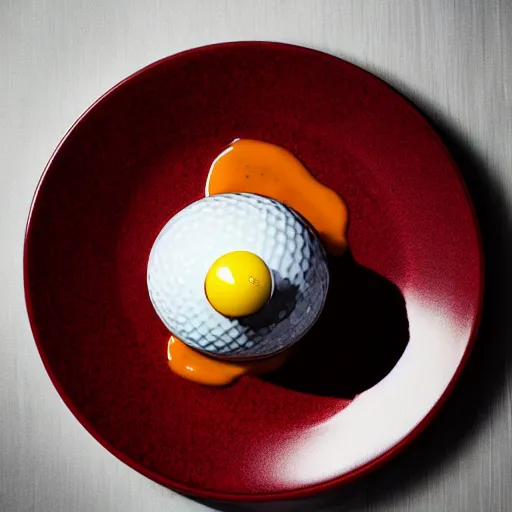 Image similar to a michelin star plate with golf balls and sauce, award winning food photography, ambient light