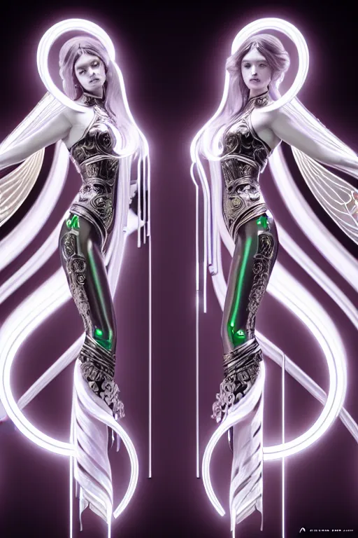 Image similar to symmetrical feminine cyborg goddess rendered in Cinema 4D, elegant and ornate futuristic silk robes, glowing white neon eyes, platinum and obsidian flowing long hair, art by Artgerm and Alphonse Mucha, hyperrealism, full body photogenic shot, digital render, cinematic lighting ornate earrings, 8k resolution, masterpiece work, HDR,