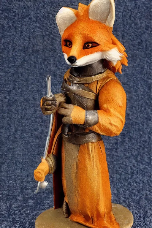 Prompt: a medieval anthropomorphic fox with a fluffy tail as a dnd figurine