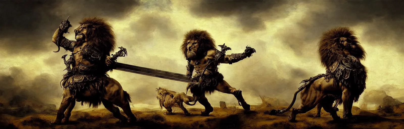 Prompt: oversized muscular lion as barbarian with chest armor and sword in epic battle pose standing on dead rhinoceros skeleton, very textured detailed oil painting panoramic backlight portrait by rembrandt, backlight, dramatic clouds ,sunset