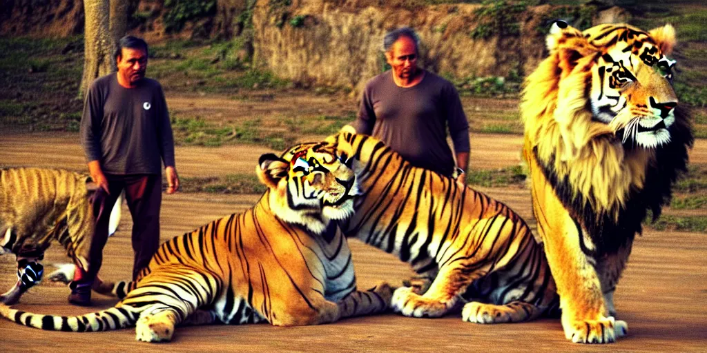 Image similar to a man with a lion, a man playing with a lion, there is a tiger in the background