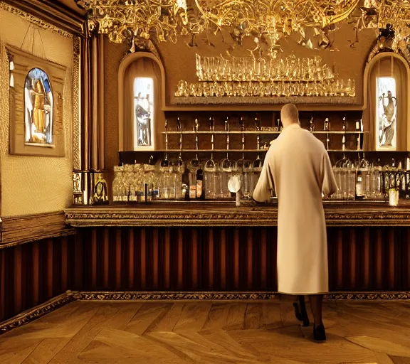 Prompt: Bar - Church, Bartender monk in cassock prepares a cocktail, people drink cocktails, Iconostasis in the bar, Church chandelier, octane hyperrealistyc render