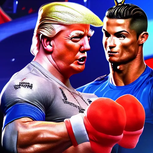 Prompt: muscular donald trump and cristiano ronaldo in love looking at their baby, detailed and realistic, 4 k, bright color, epic digital art