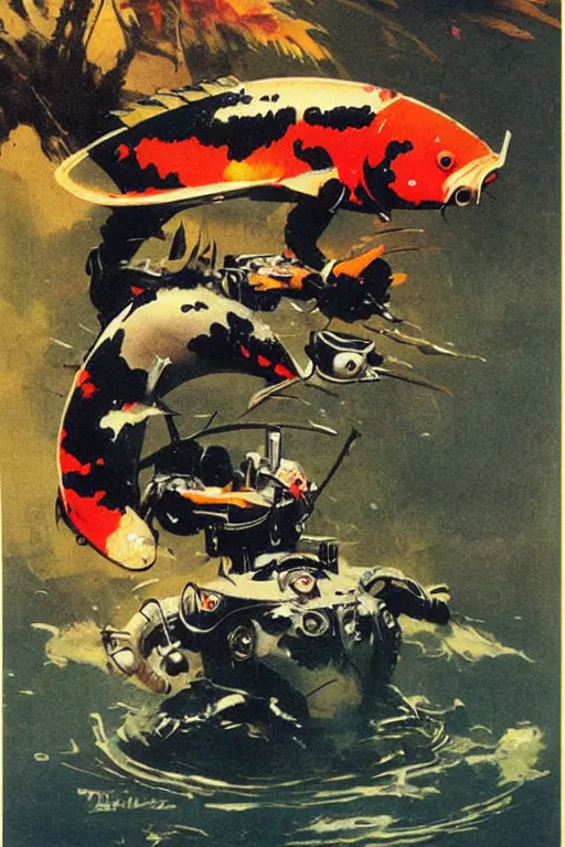 Image similar to a koi fish fighter robot by Frank Frazetta