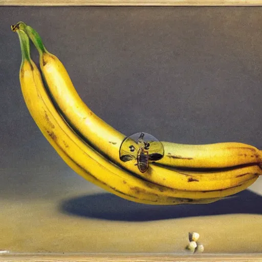 Prompt: a still life of a decomposing banana with a fly on it by Salvador Dali